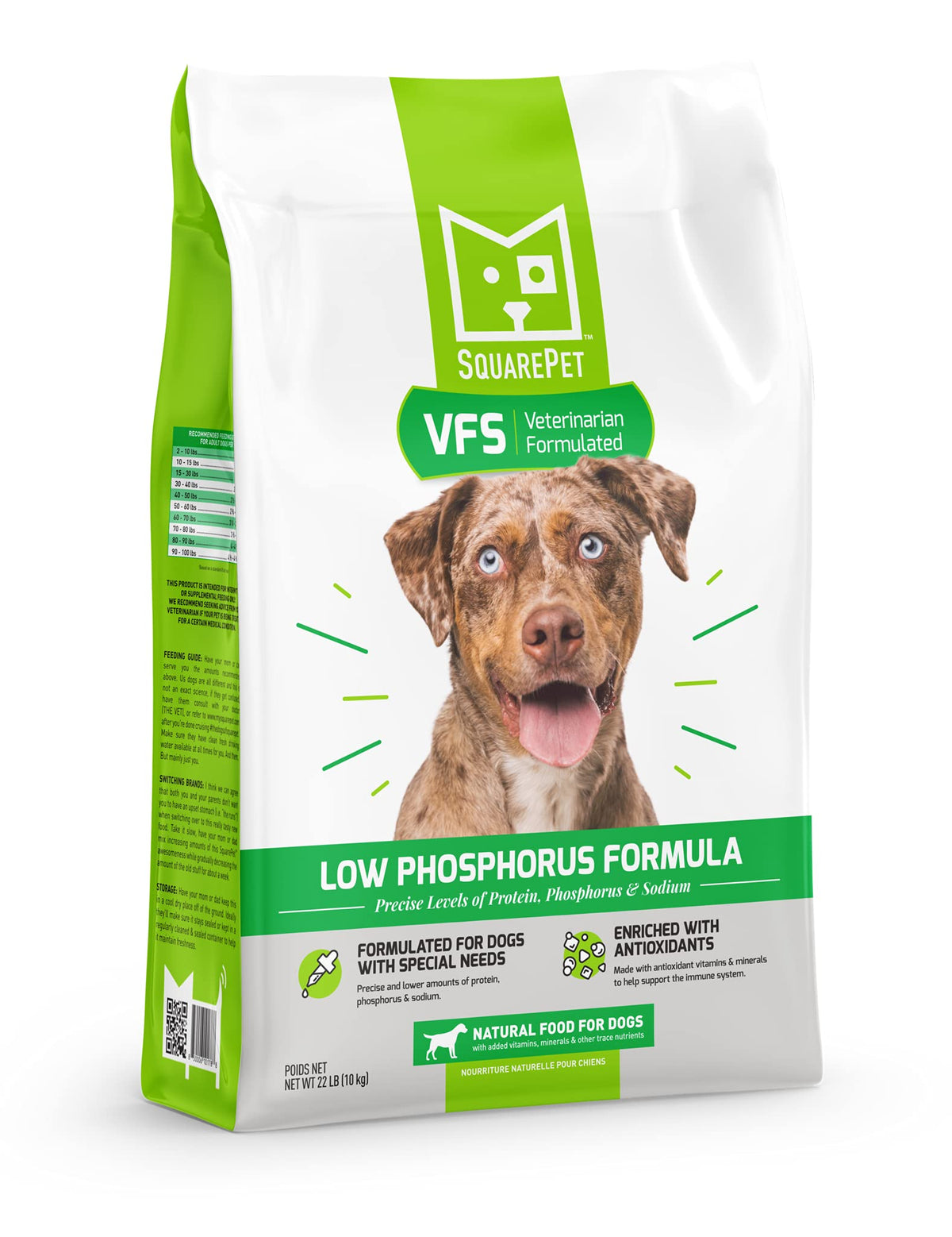 SquarePet VFS low phosphorus formula dry dog food in bowl supporting kidney health
