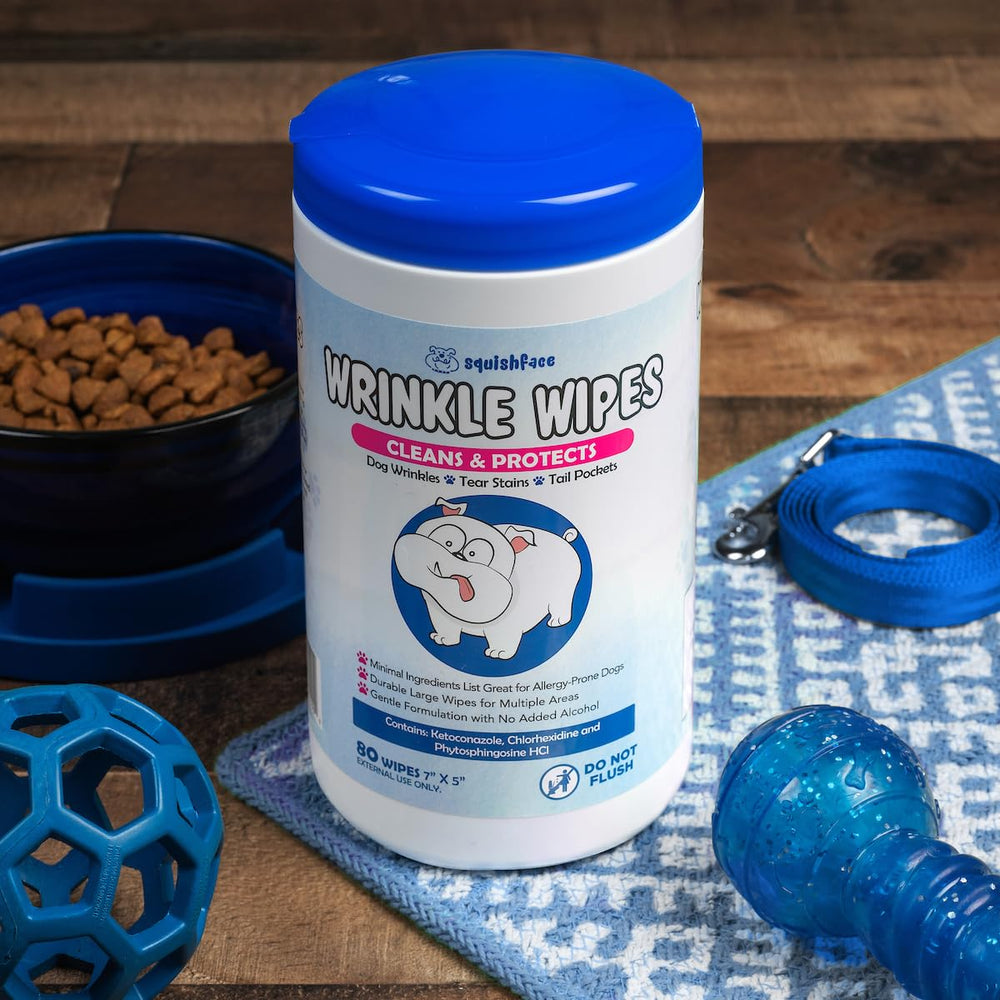 Squishface Wrinkle Wipes suitable for bulldogs, pugs, french bulldogs and other breeds.