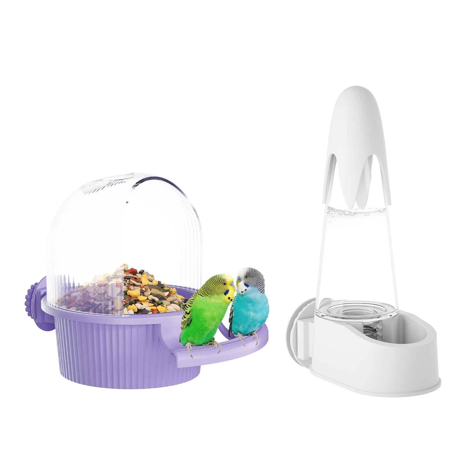 SQUSIMEI no mess bird feeder purple-white set mounted on cage for clean feeding.