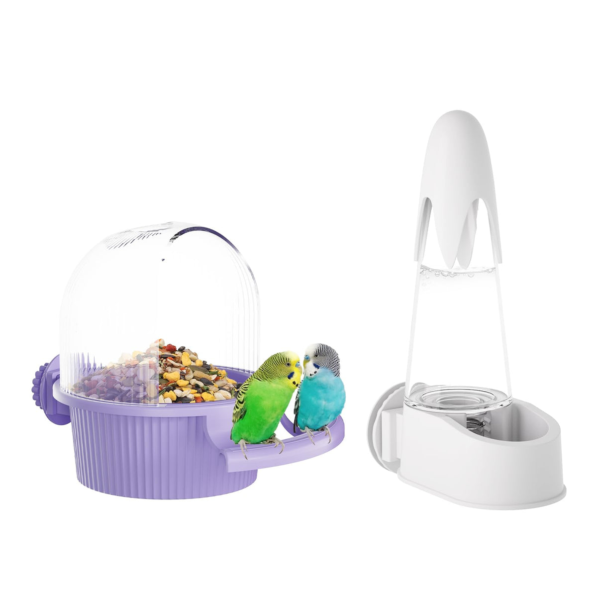 SQUSIMEI no mess bird feeder purple-white set mounted on cage for clean feeding.