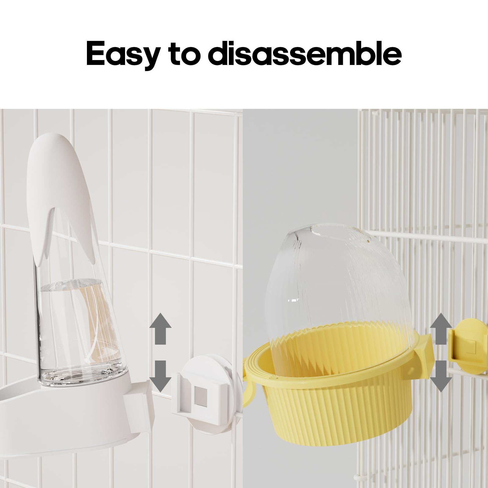 SQUSIMEI No Mess Bird Feeder Water Dispenser Set cage-clip installation simplifies setup for cages.