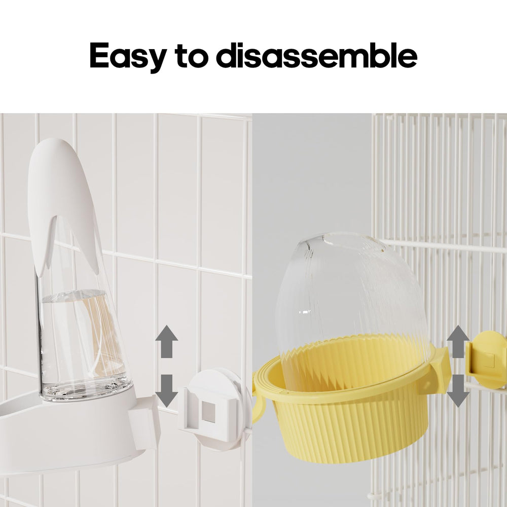 SQUSIMEI No Mess Bird Feeder Water Dispenser Set cage-clip installation simplifies setup for cages.
