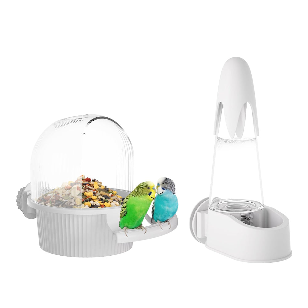 SQUSIMEI No Mess Bird Feeder Water Dispenser Set front view demonstrates mess-free feeding for busy owners.