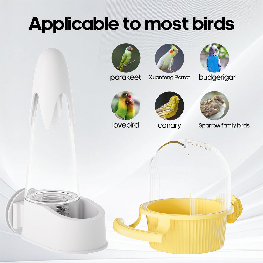 SQUSIMEI purple-white bird feeder set in action for a tidy cage.