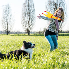 Sratte durable rubber chicken toy resists many squeezes.
