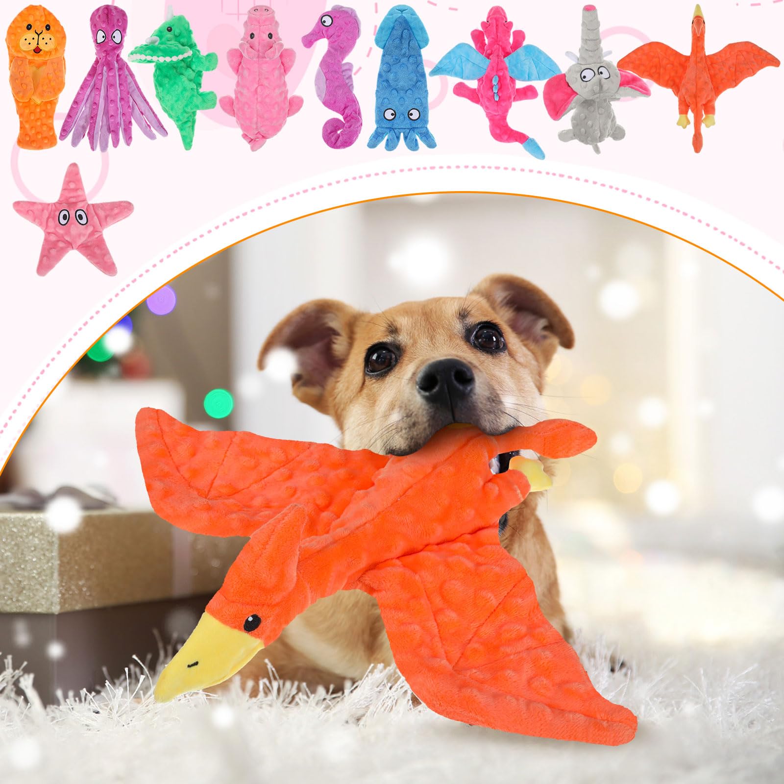 Sratte dinosaur squeaky toy colorful and durable for strong chewers.