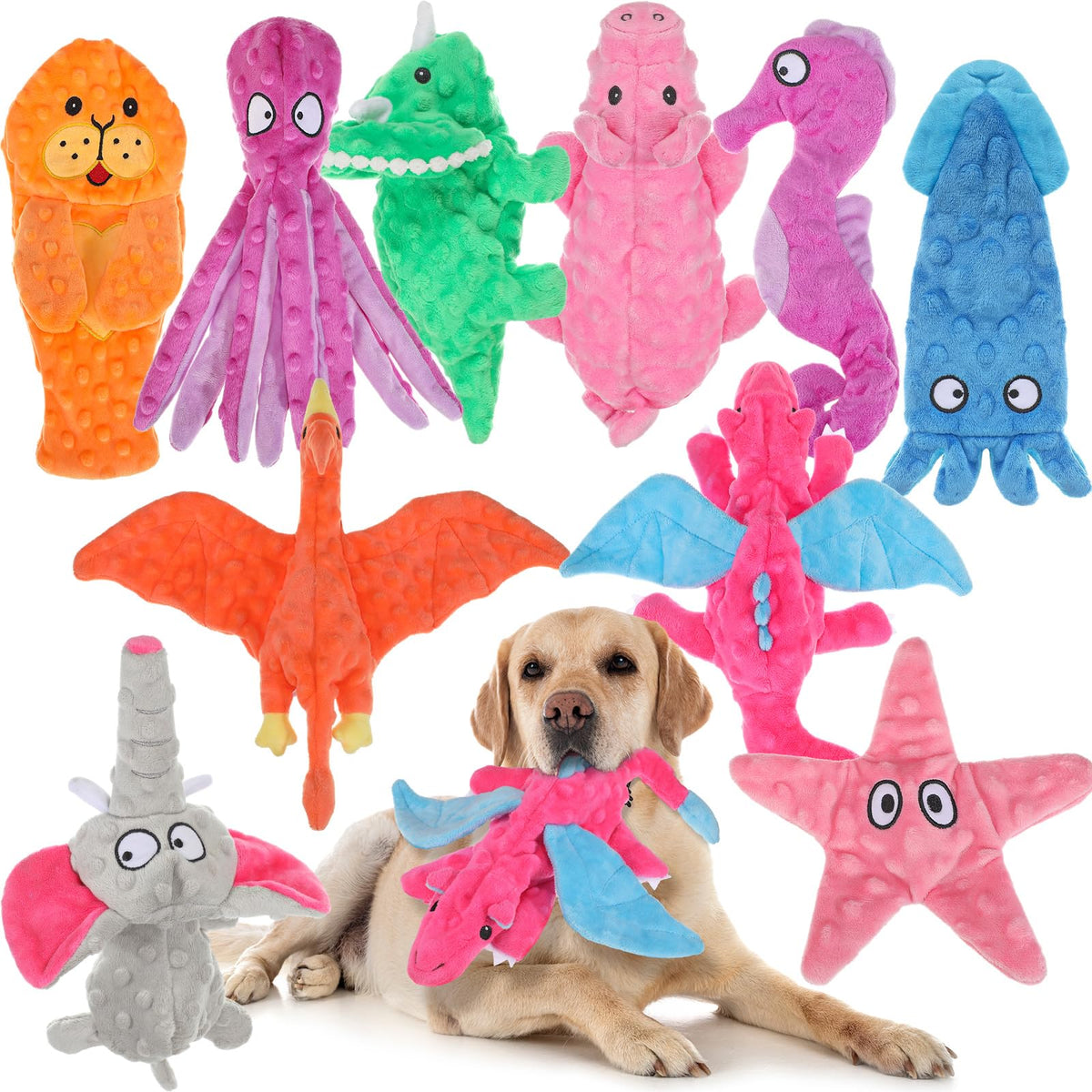 Sratte soft dog squeaky squid toy engages dogs during play and teething.