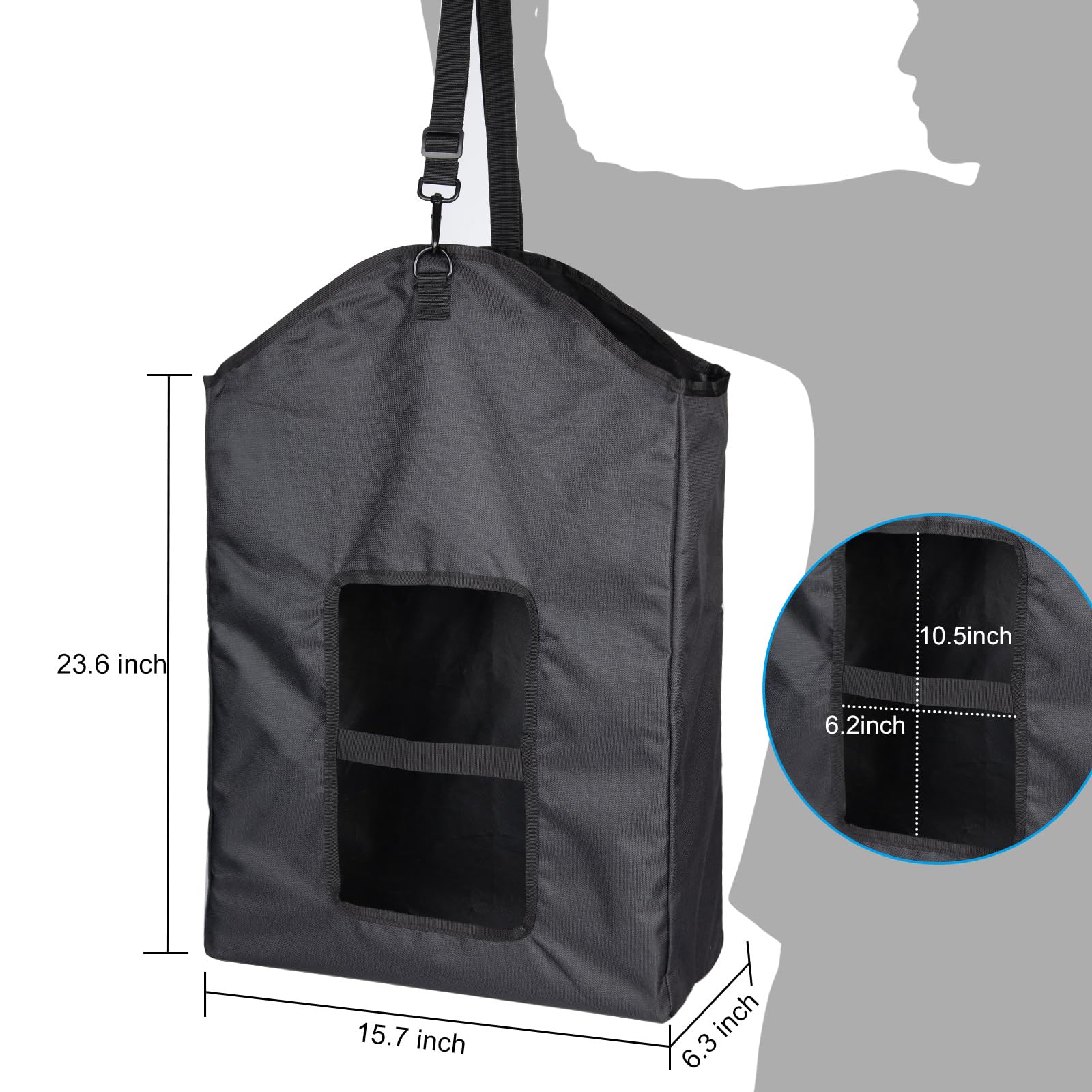 Srefaka hay bag with adjustable strap demonstrates easy hanging setup.