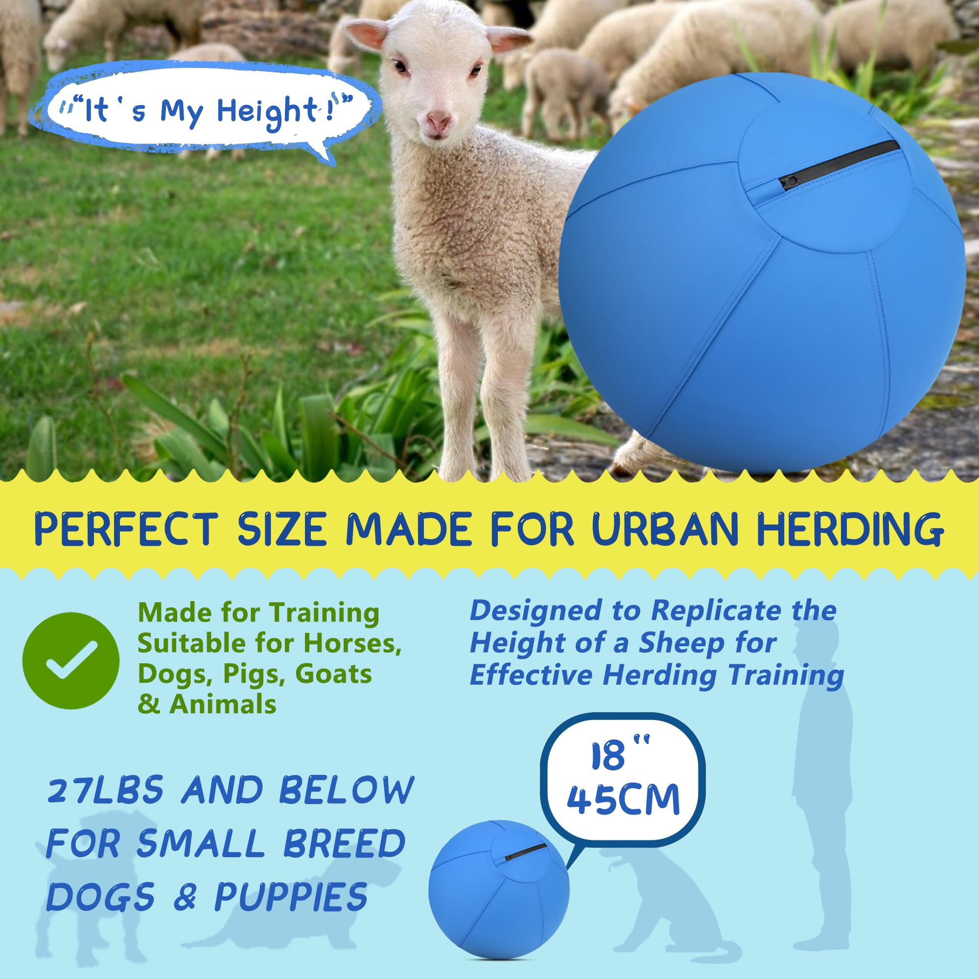 Srotek Herding Ball side-view blue supports dynamic training and agility prompts.