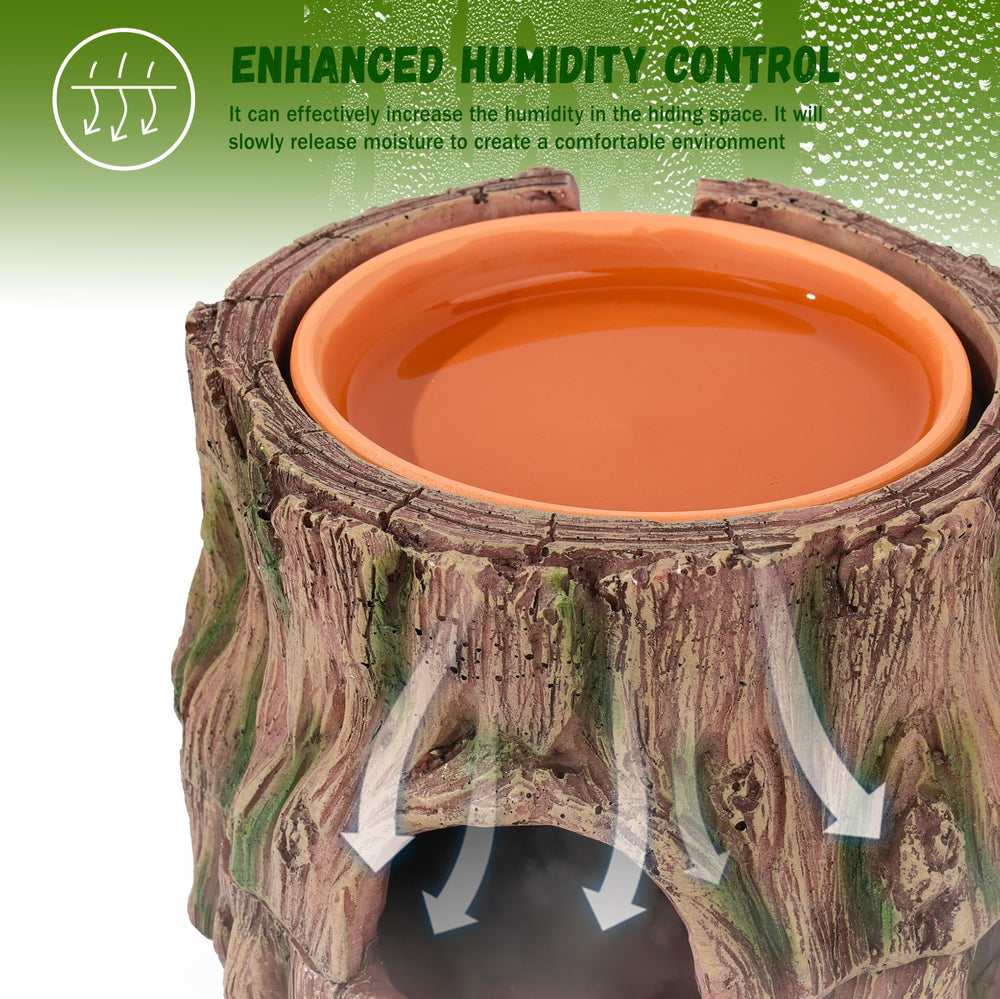 Stackoria multi-function reptile hide cave integrates hide, humidity tray, and feeding bowl.