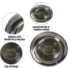 Stainless-Steel Cat Bowls 2-pack demonstrates convenient dual bowls for food and water.
