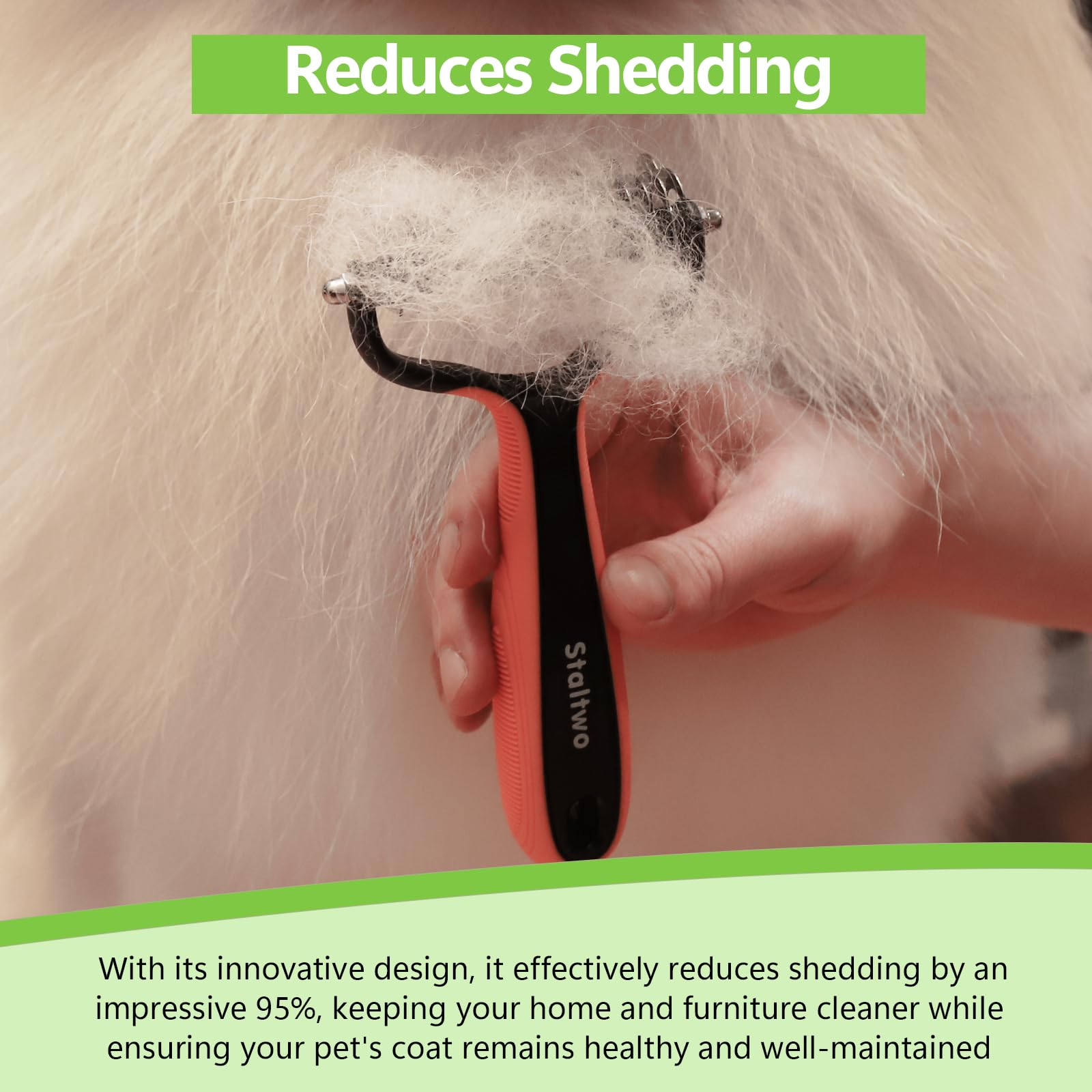 Staltwo Deshedding Brush with comfortable non-slip handle for easy grooming.
