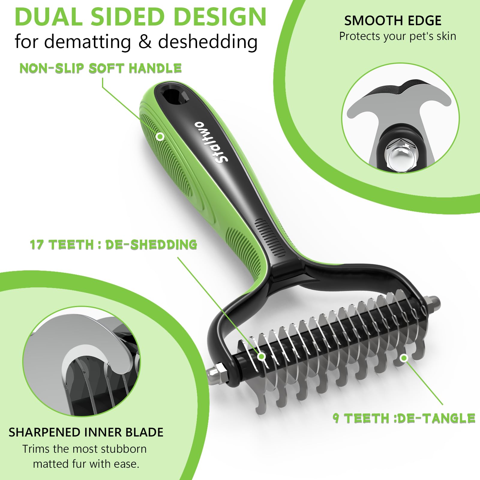 STALTWO undercoat rake helps reduce shedding across coats.