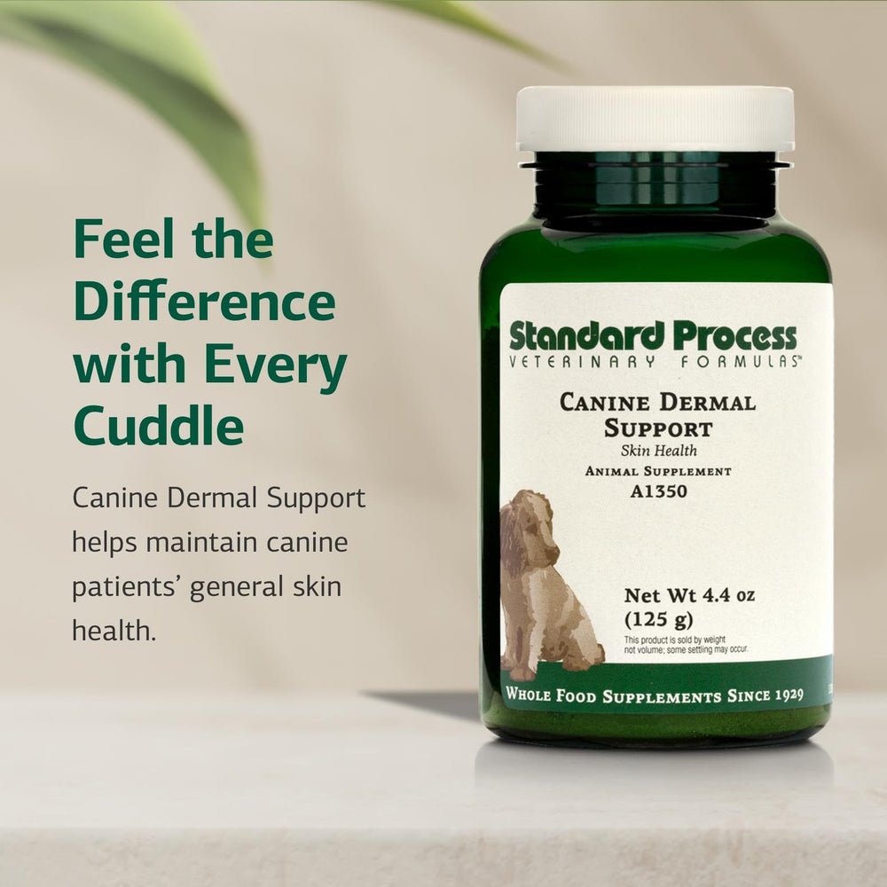 Standard Process Canine Dermal Support measuring scoop showing weight-based dosing.