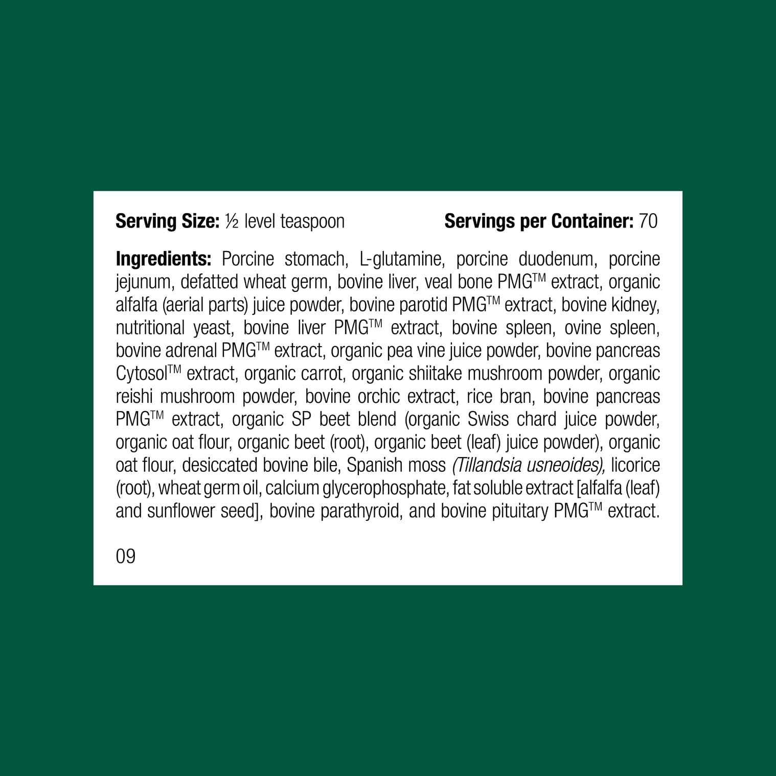 Standard Process Canine Enteric Support dosing scoop illustrates accurate weight-based dosing.