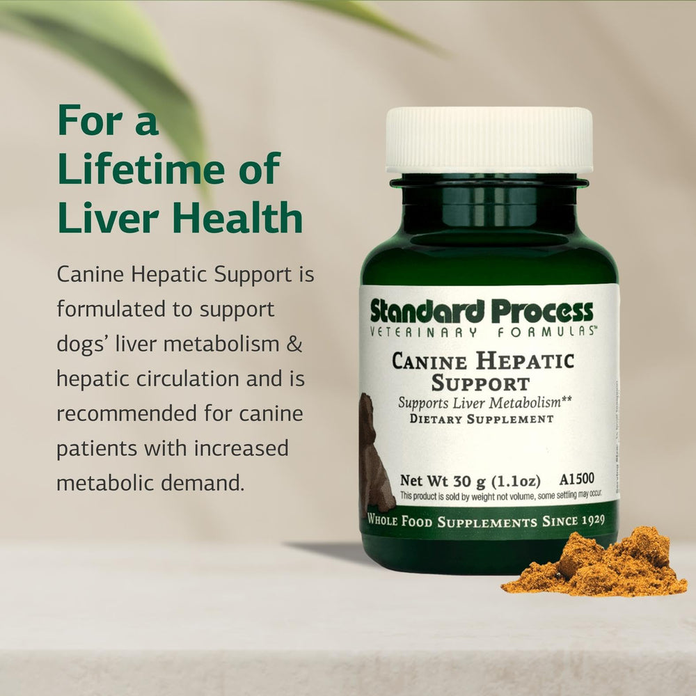 Standard Process Canine Hepatic Support powder being poured for easy administration.