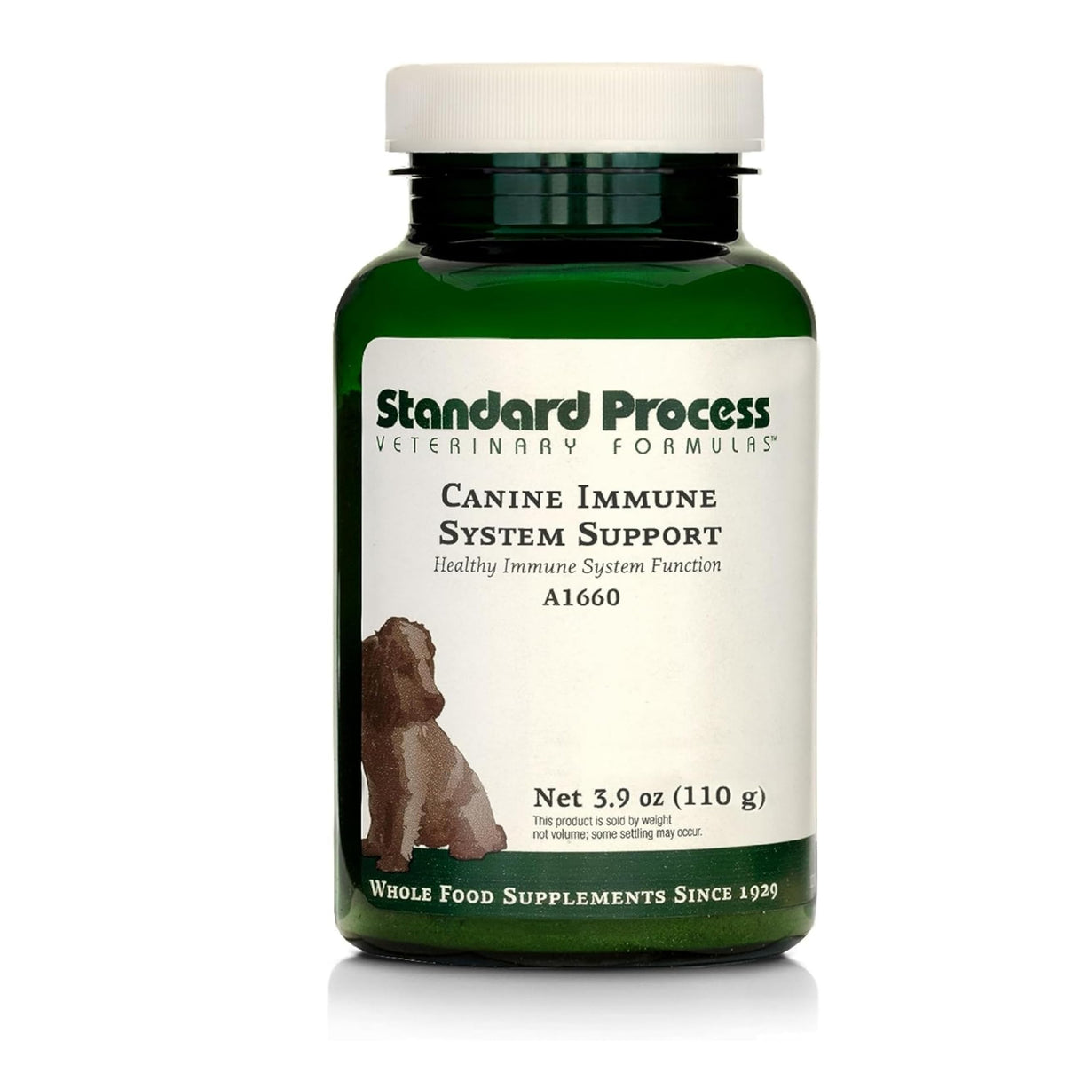Standard Process Canine Immune System bottle closeup—whole-food formula for canine wellness support.