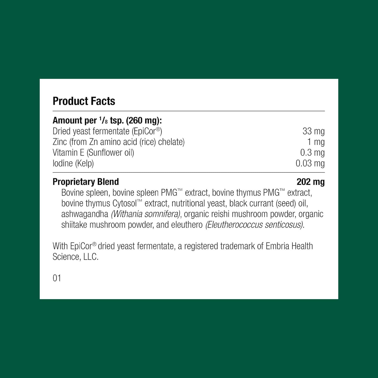 Standard Process Canine Immune System Support ingredients highlight zinc and kelp for immune support.