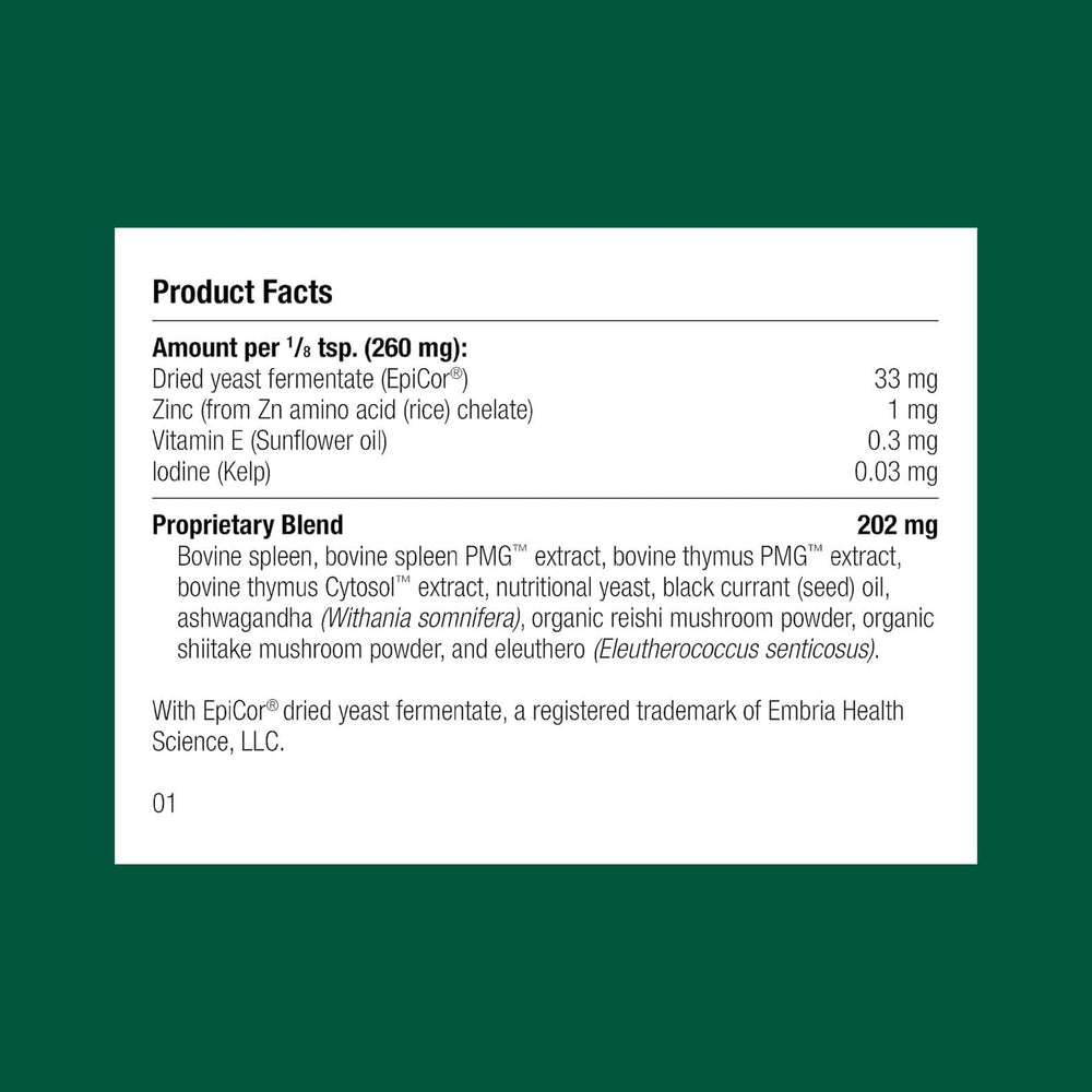 Standard Process Canine Immune System Support ingredients highlight zinc and kelp for immune support.