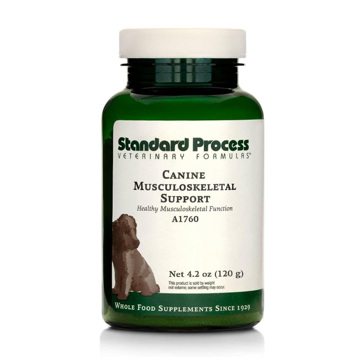 Standard Process Canine Musculoskeletal Support bottle front demonstrates active dog joint support.