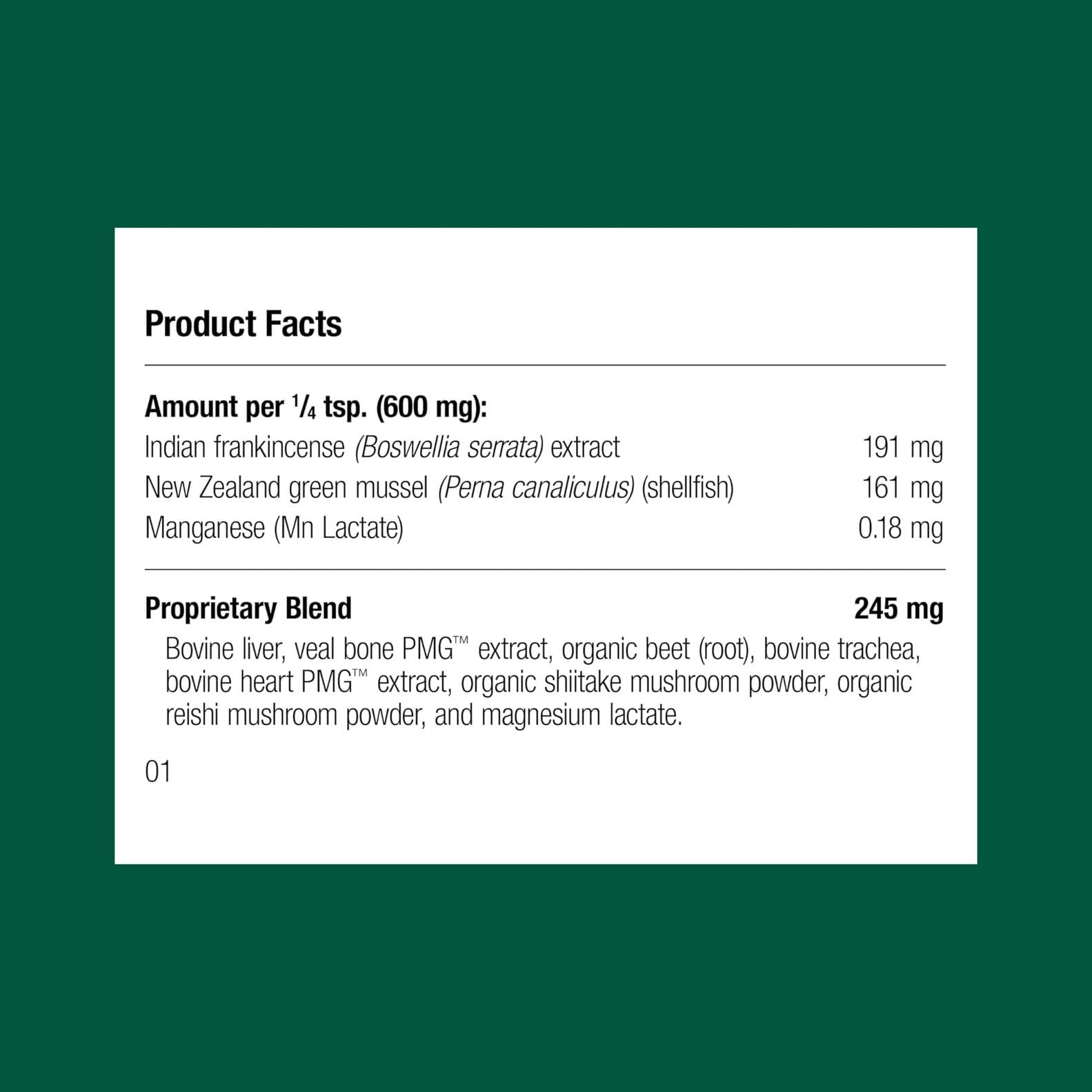 Standard Process Canine Musculoskeletal Support label close-up shows whole-food ingredients.