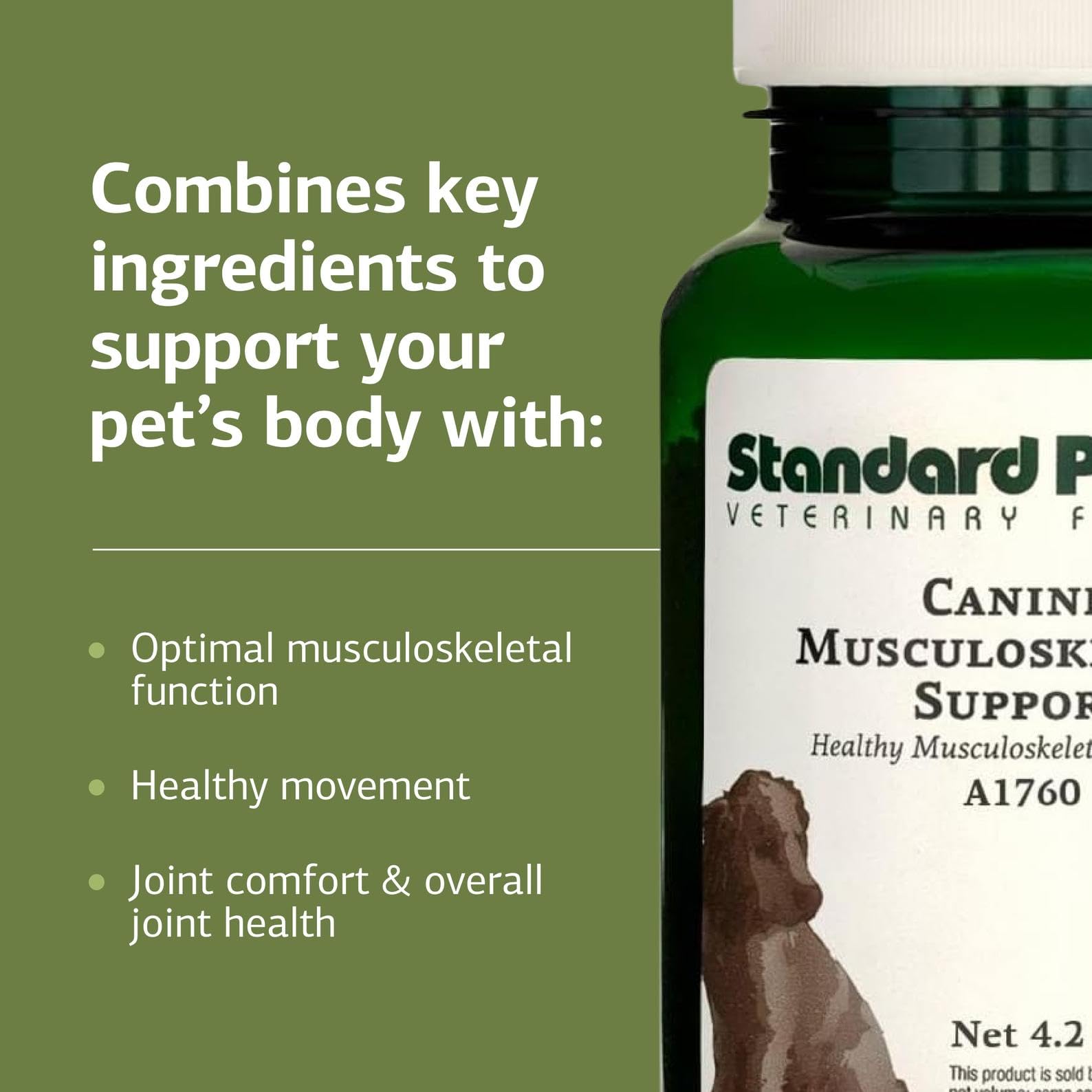 Standard Process Canine Musculoskeletal Support large-bottle dosing scoop illustrates weight-based dosing.