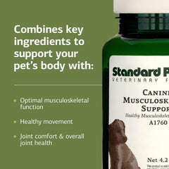 Standard Process Canine Musculoskeletal Support large-bottle dosing scoop illustrates weight-based dosing.