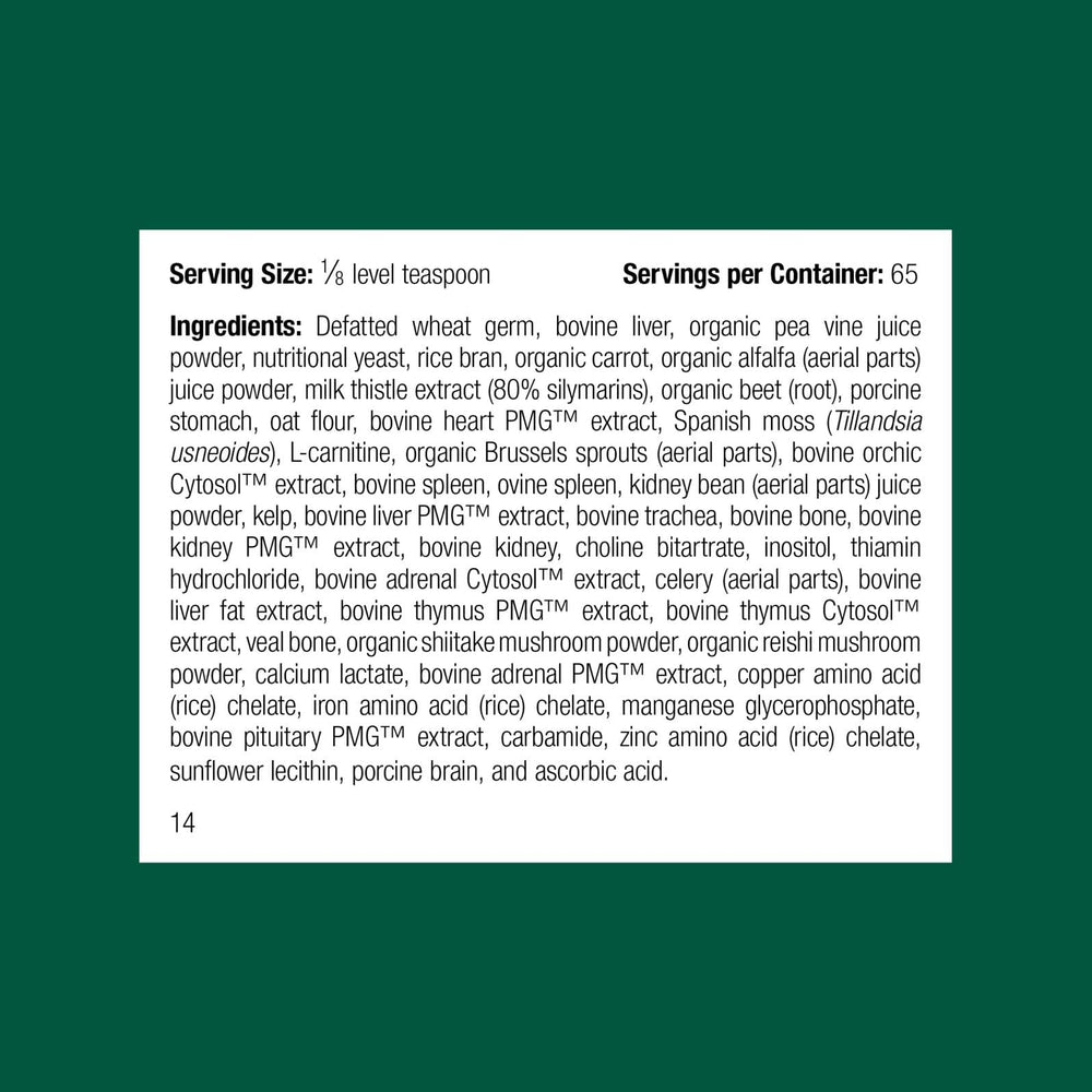 Standard Process Canine Whole Body Support powder-dispense demonstrates easy daily supplementation.