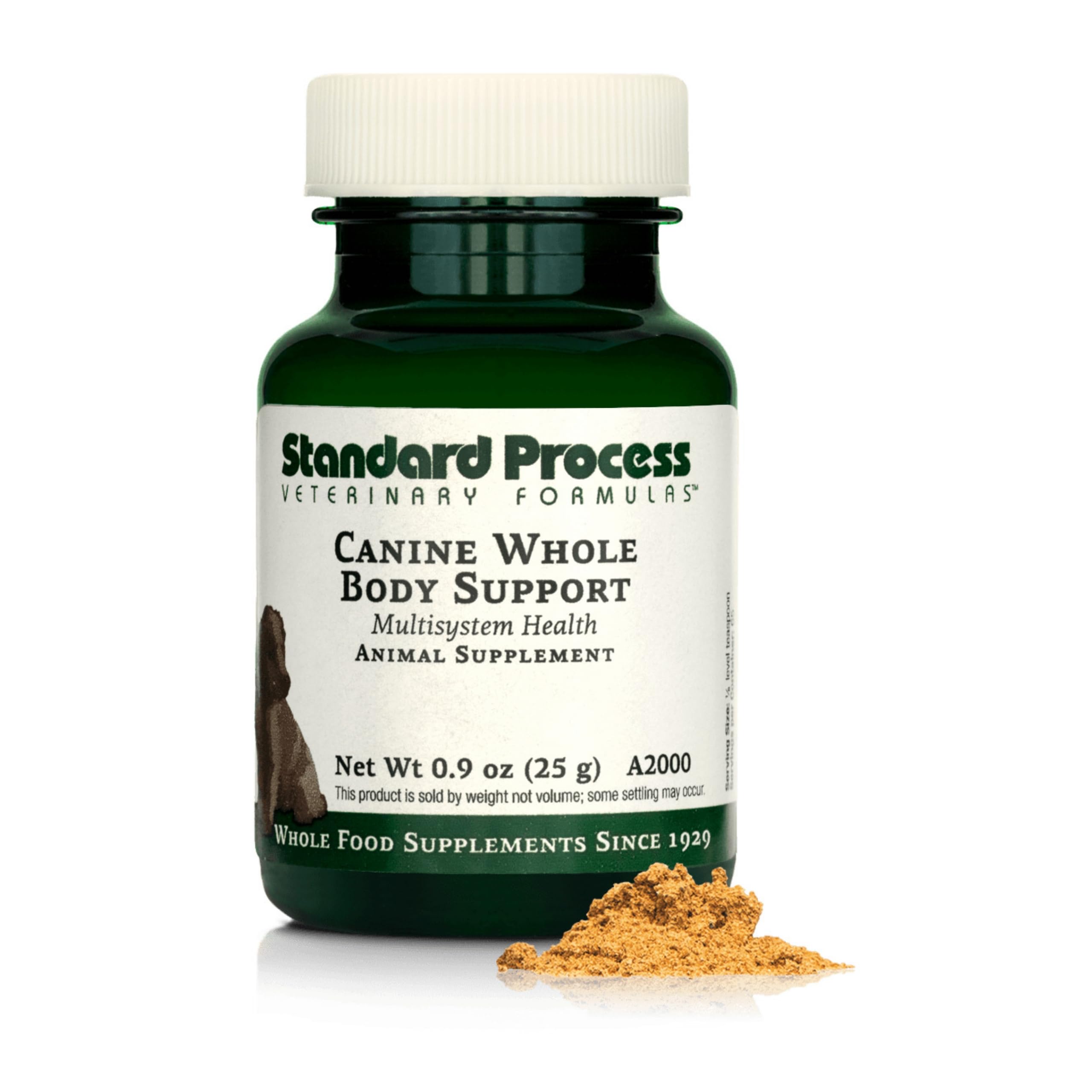 Standard Process Canine Whole Body Support tub shows daily multisystem nutrition for dogs.