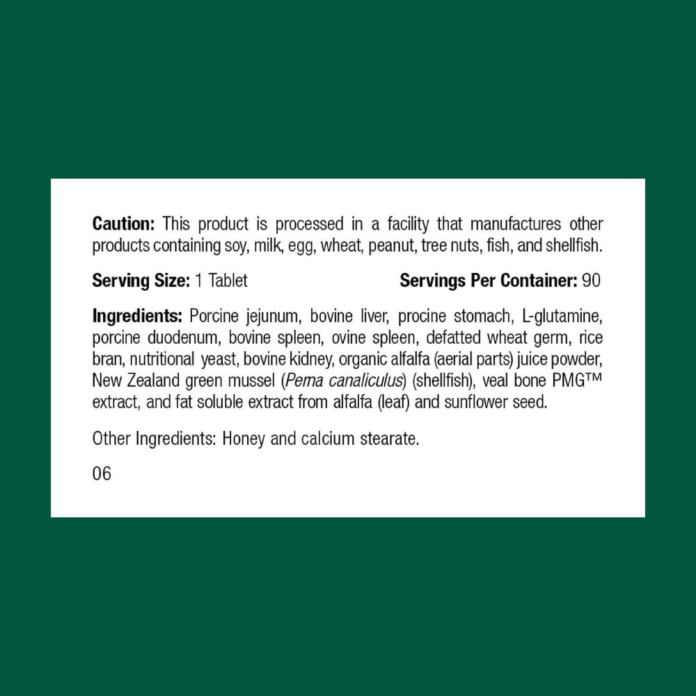 Standard Process Feline Enteric Support tablets close-up highlighting easy-to-dose format for digestive care.