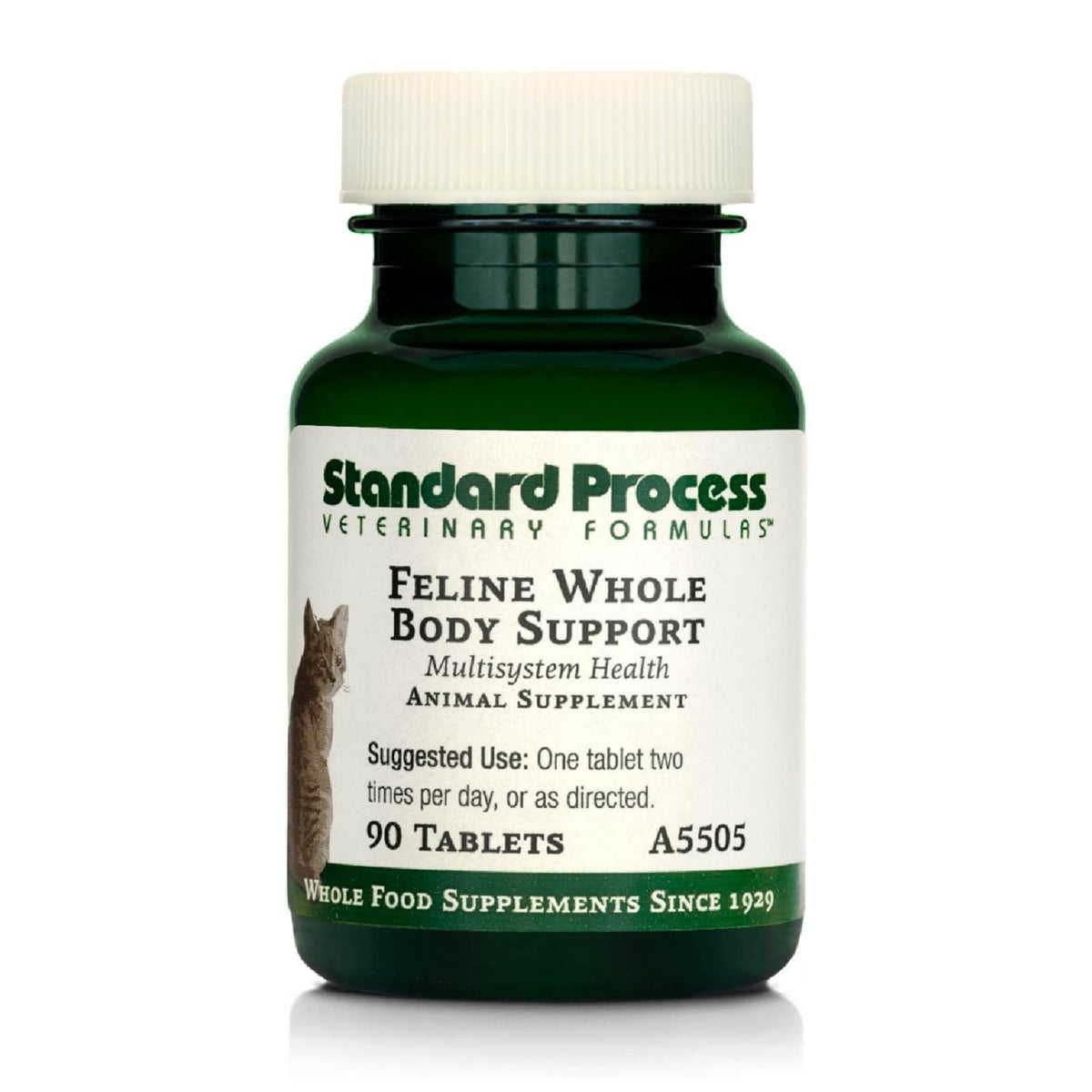 Standard Process Feline Whole Body Support bottle demonstrates a daily multisystem wellness option for cats.
