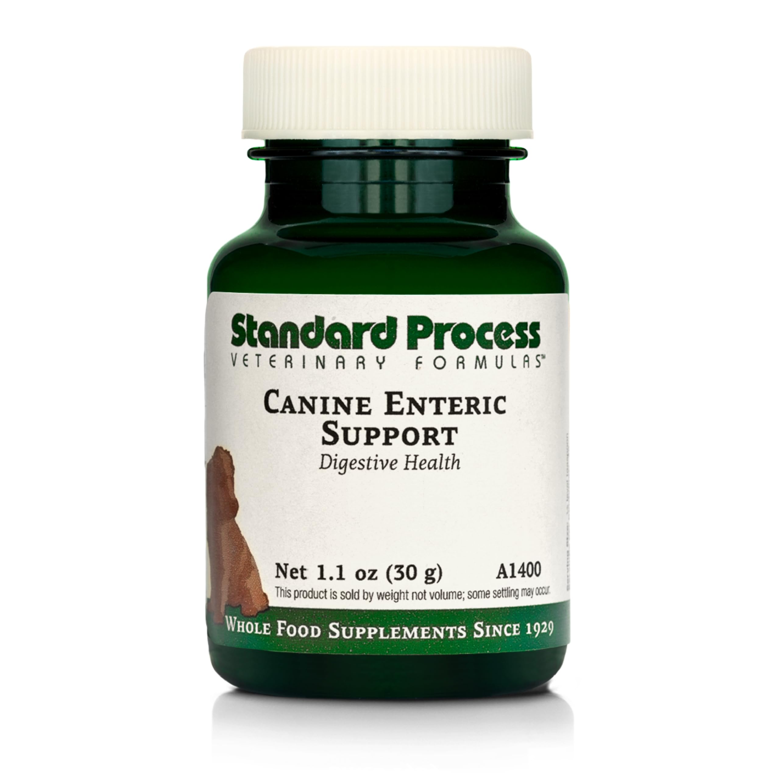 Standard Process Canine Enteric Support packaging highlighting whole-food blend for dogs.