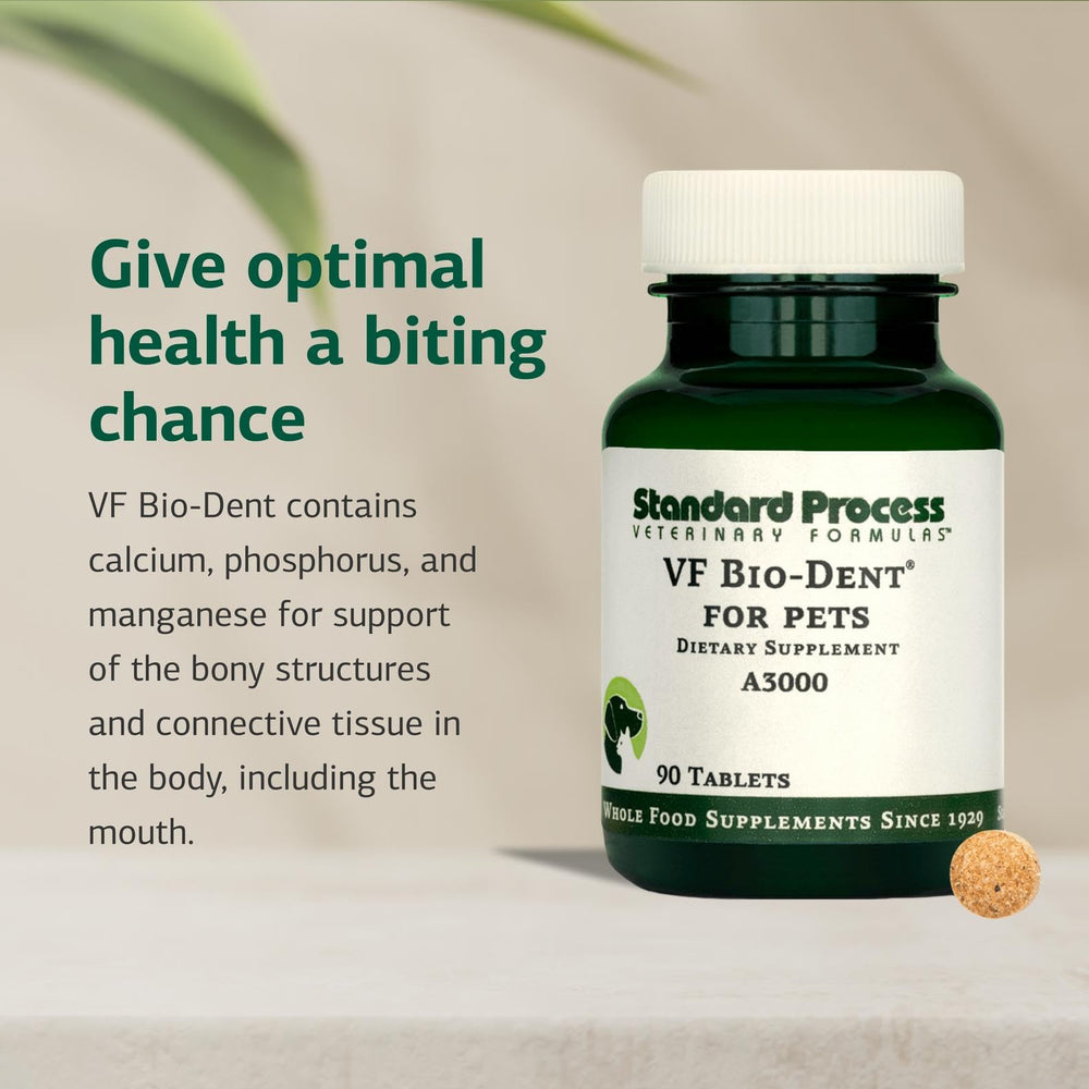 VF Bio-Dent for Pets bottle shows bone growth support for pet bone health