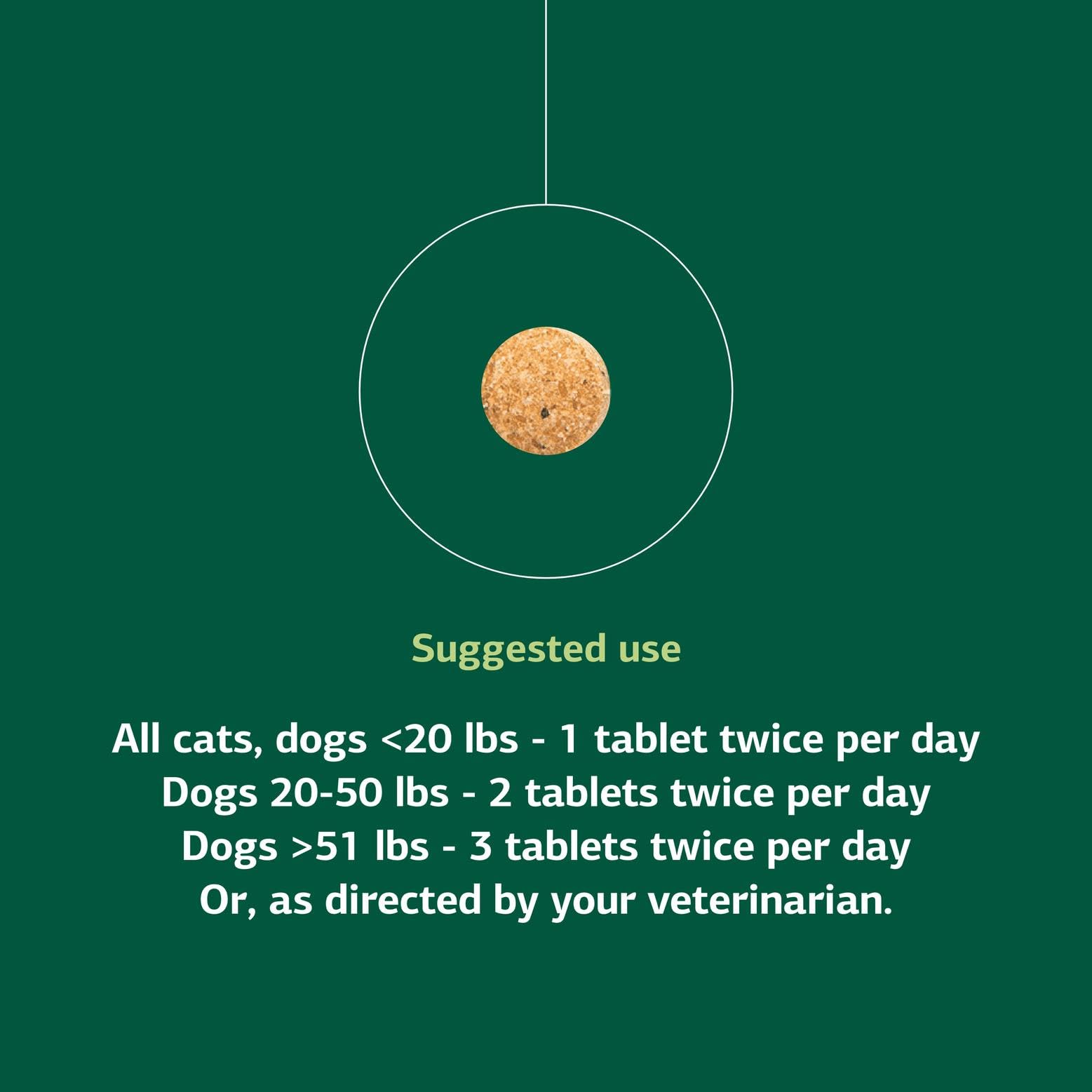 VF Bio-Dent for Pets dosage guide showing one to three tablets per size