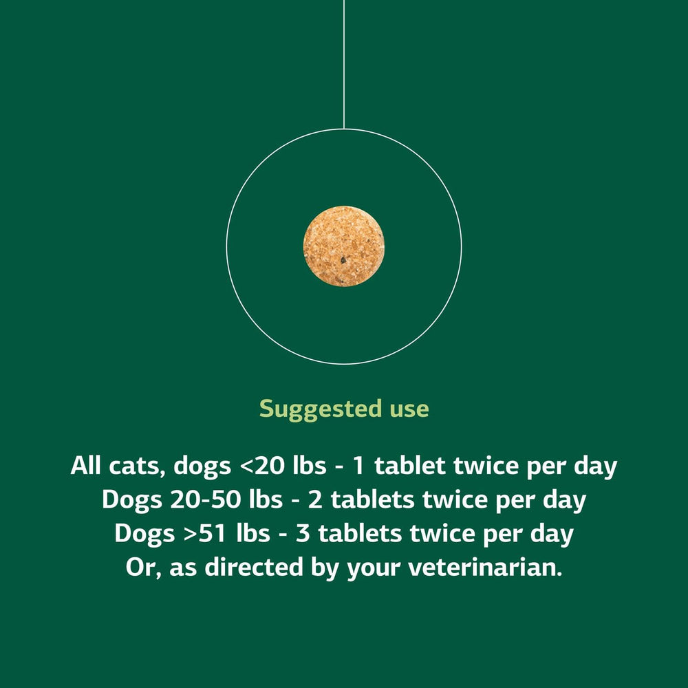 VF Bio-Dent for Pets dosage guide showing one to three tablets per size