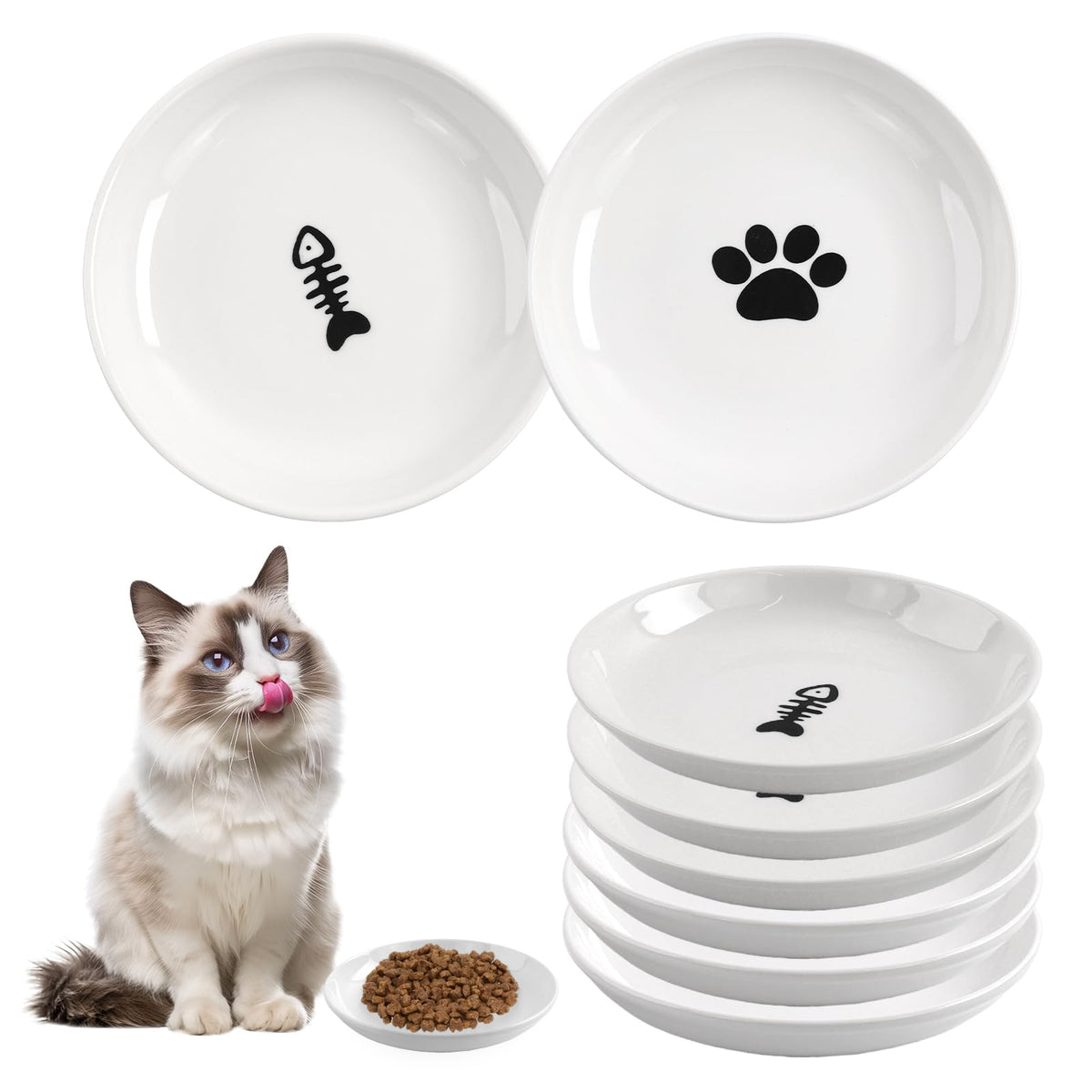 STAOVA 6-pack cat bowls kittten paw pattern boosts mealtime appeal for multi-cat homes