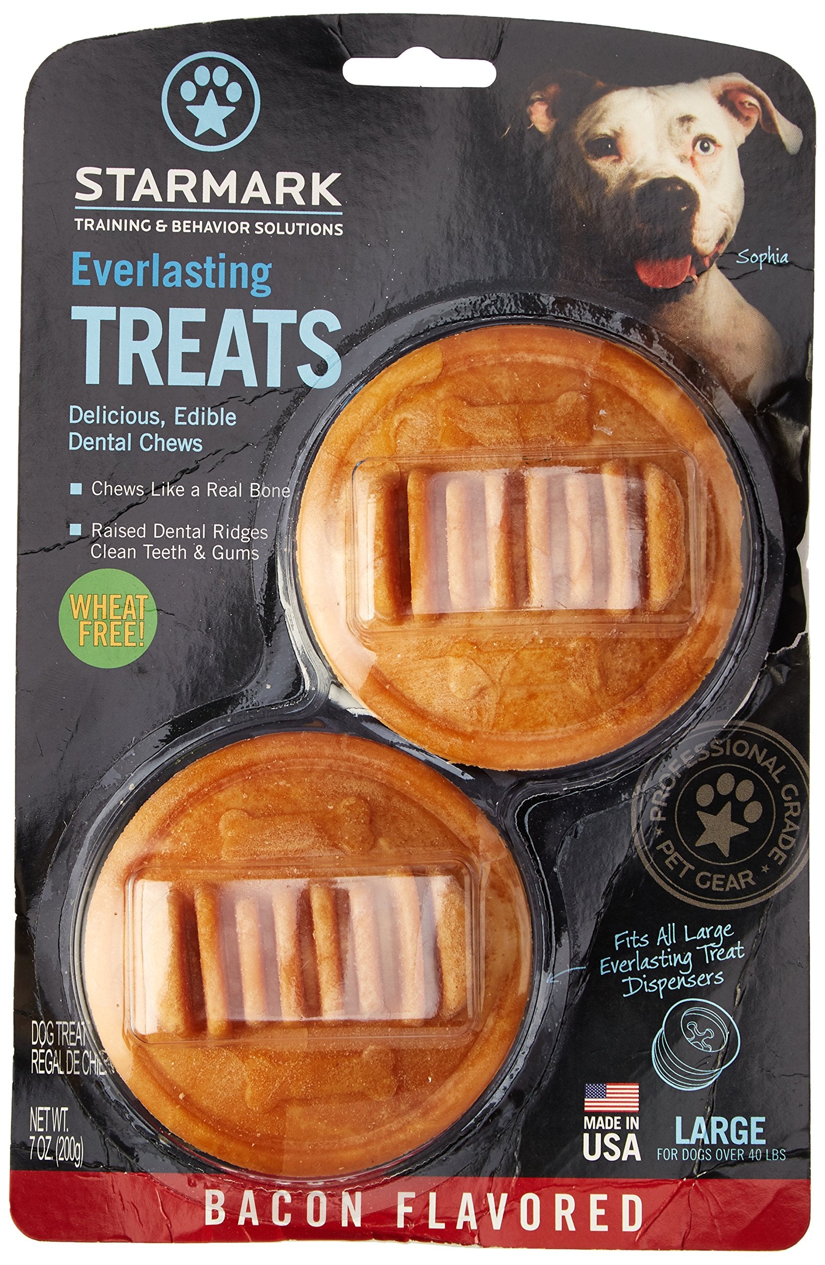 Starmark Everlasting Bacon dog dental chew image highlighting pair of chews for large dogs.