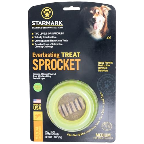Starmark Everlasting Sprocket Medium demonstrates chewer-friendly design that holds treats for added challenge.