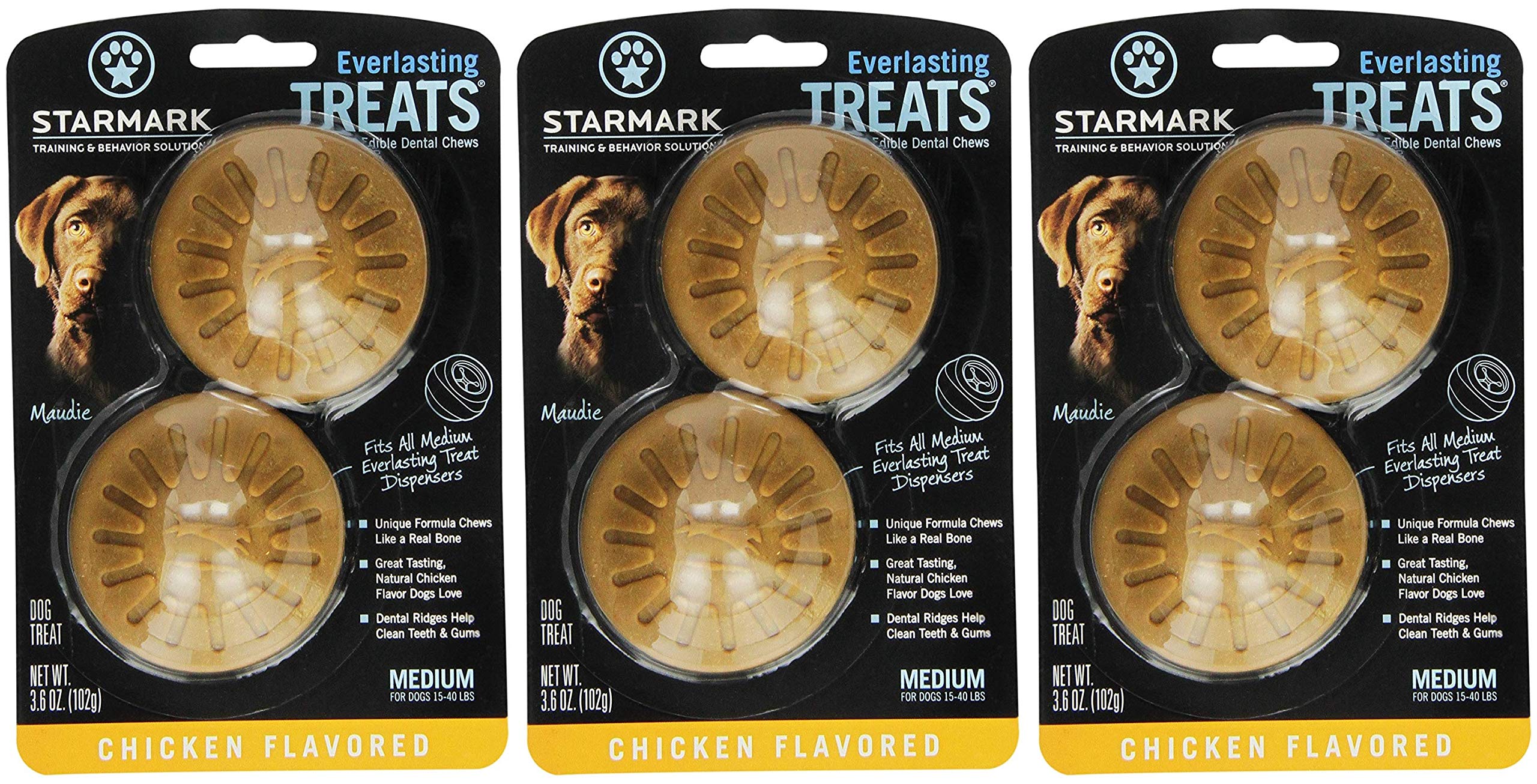 Starmark Everlasting Treats dental chews packaging shows six-chew three-pack option.