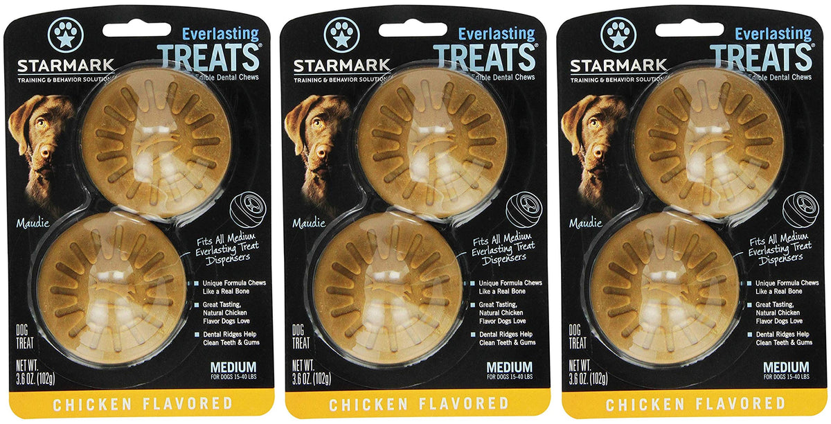 Starmark Everlasting Treats dental chews packaging shows six-chew three-pack option.