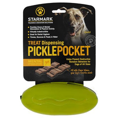 Starmark Pickle Pocket demonstrates treat-dispensing action, boosting interactive play.