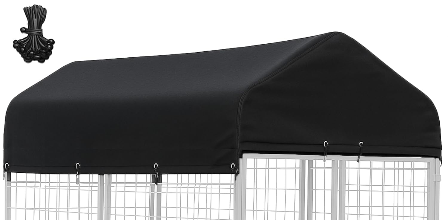 STAYDEN Outdoor Dog Kennel Cover top strip demonstrates waterproof protection for rain.