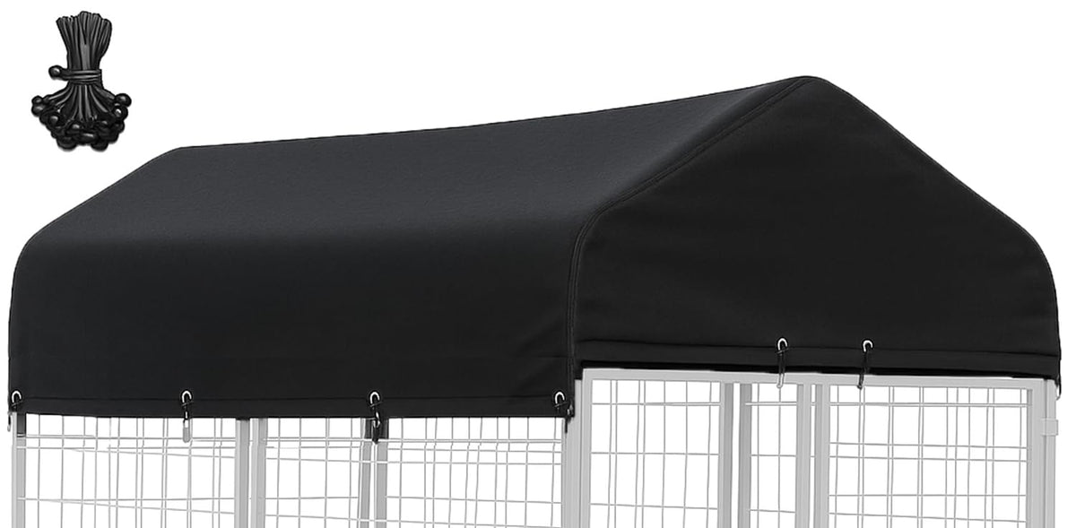 STAYDEN Outdoor Dog Kennel Cover top strip demonstrates waterproof protection for rain.