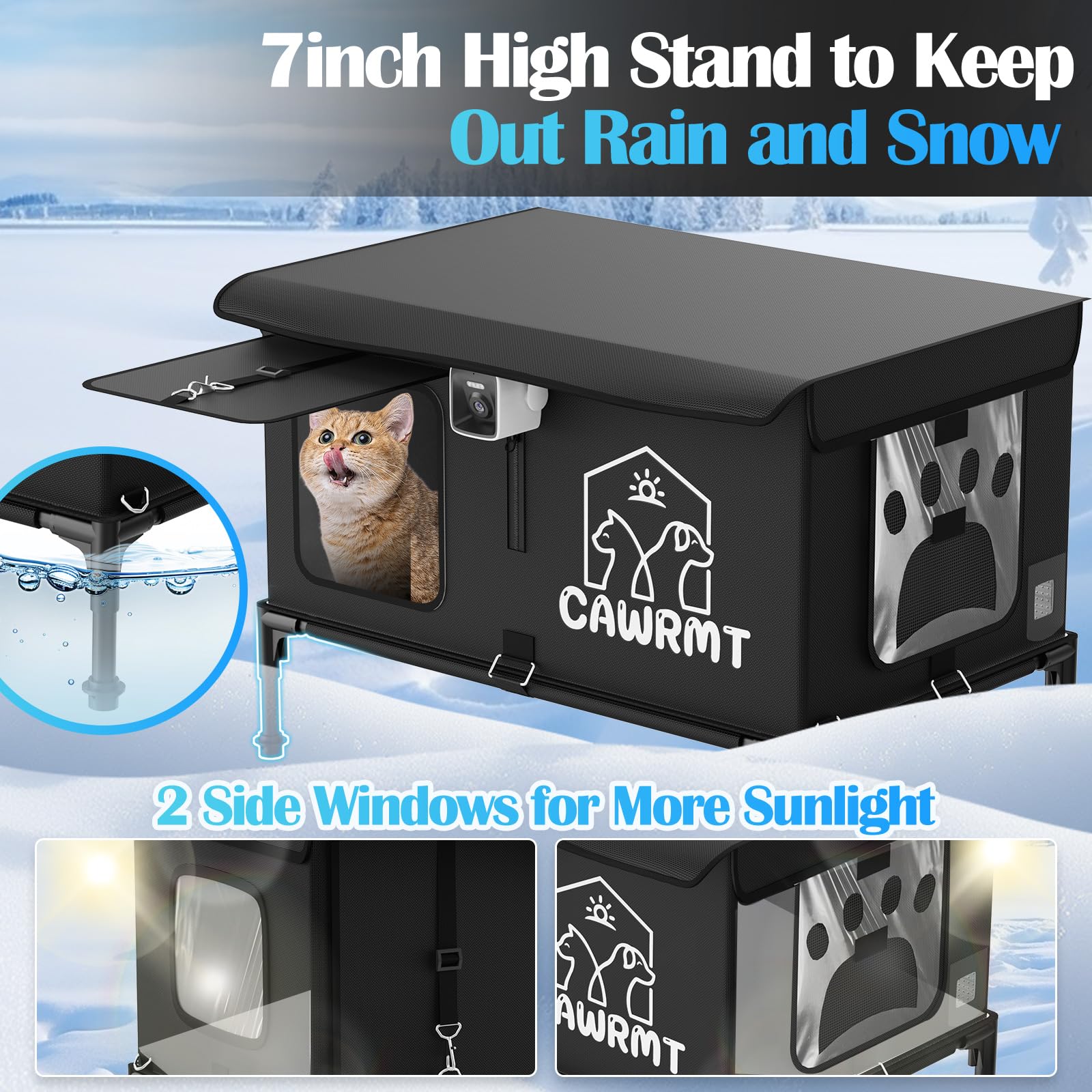 Stdily heated cat house ground spikes—stable setup for outdoor shelter on uneven ground.