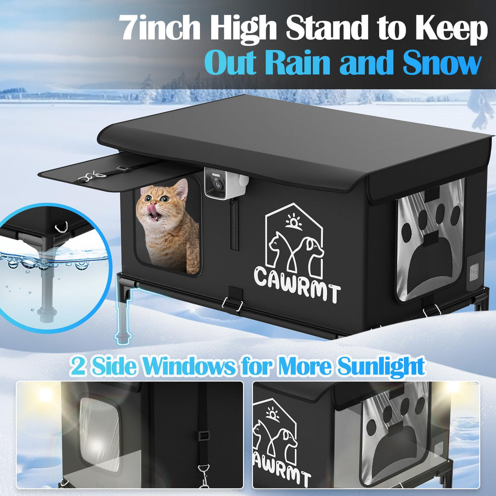 Stdily heated cat house ground spikes—stable setup for outdoor shelter on uneven ground.