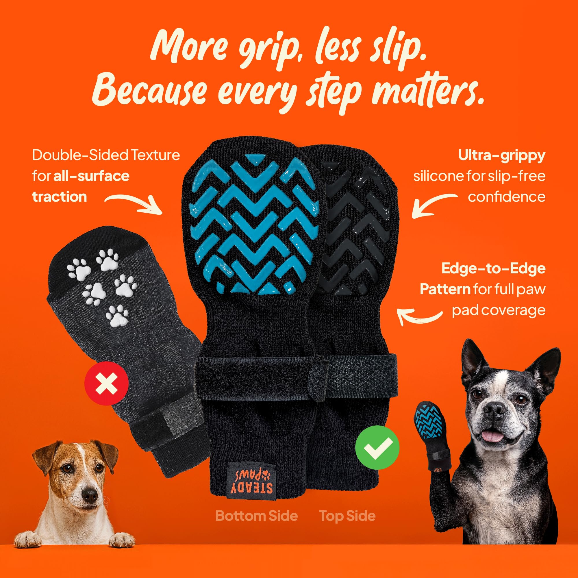 Steady Paws socks on a moving dog during indoor exercise.