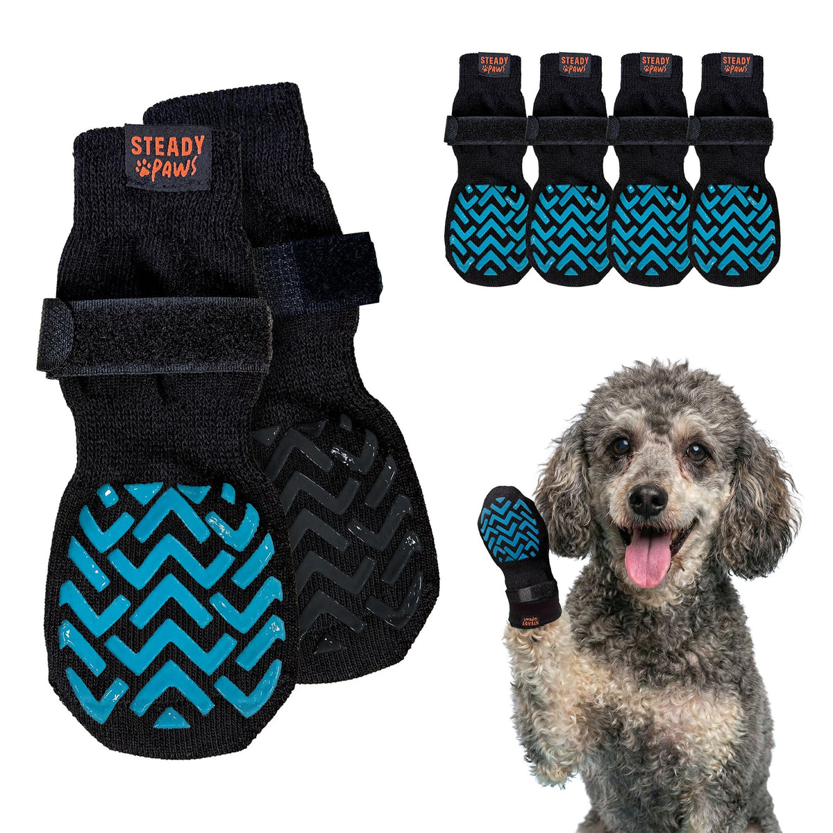 Steady Paws anti-slip socks paw closeup shows secure traction on hardwood floors