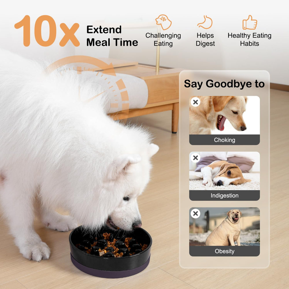 Sted ceramic slow feeder bowl maze black with silicone base on a clean surface