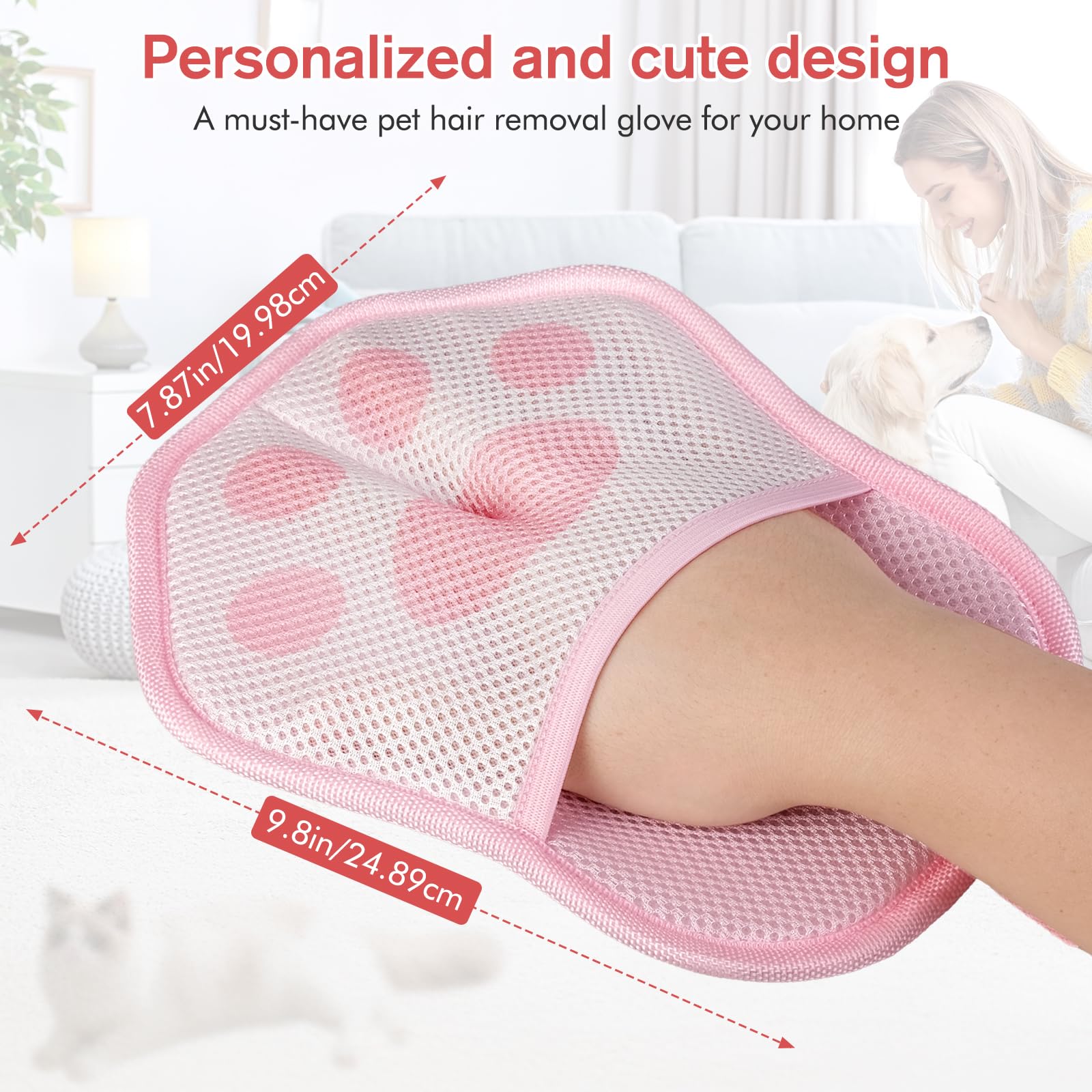 Steinfinit pink gloves in use on sofa upholstery for pet hair removal