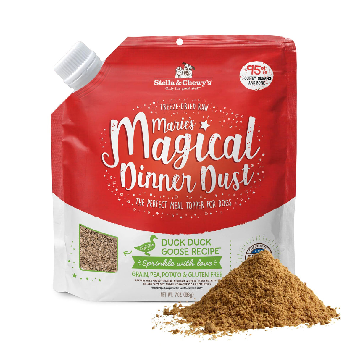 Stella & Chewy's dinner dust jar closeup for tastier meals and picky eaters.